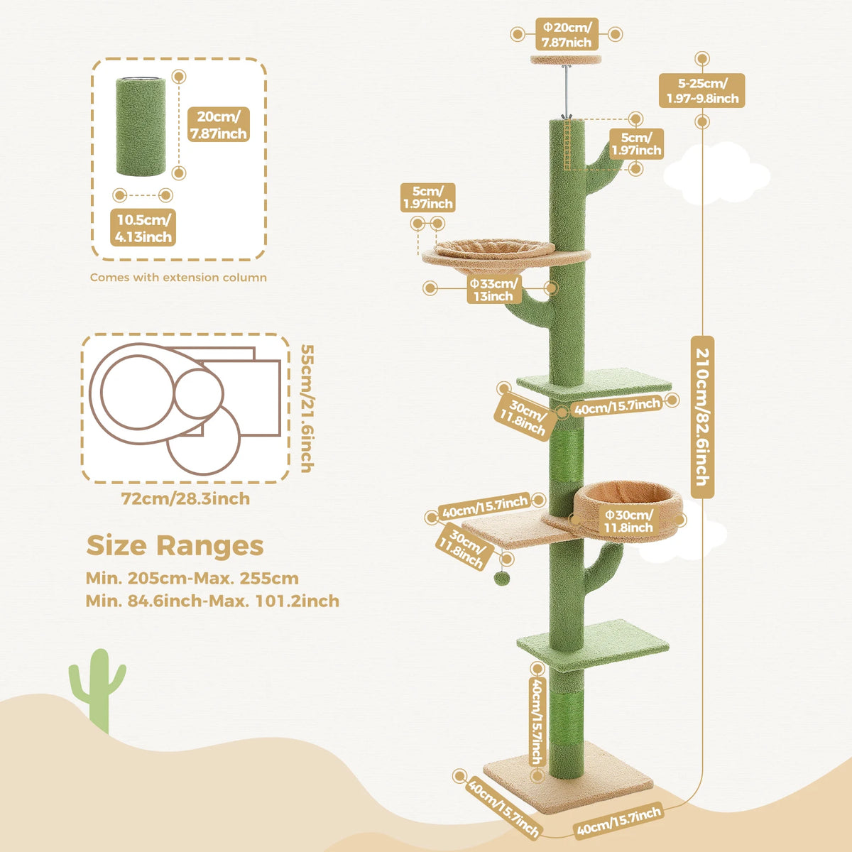 Cactus Cat Tree Floor to Ceiling Cat Tower with Sisal Scratching Post,Comfortable Hammock for Multi-Cat Homes,Cat Accessories