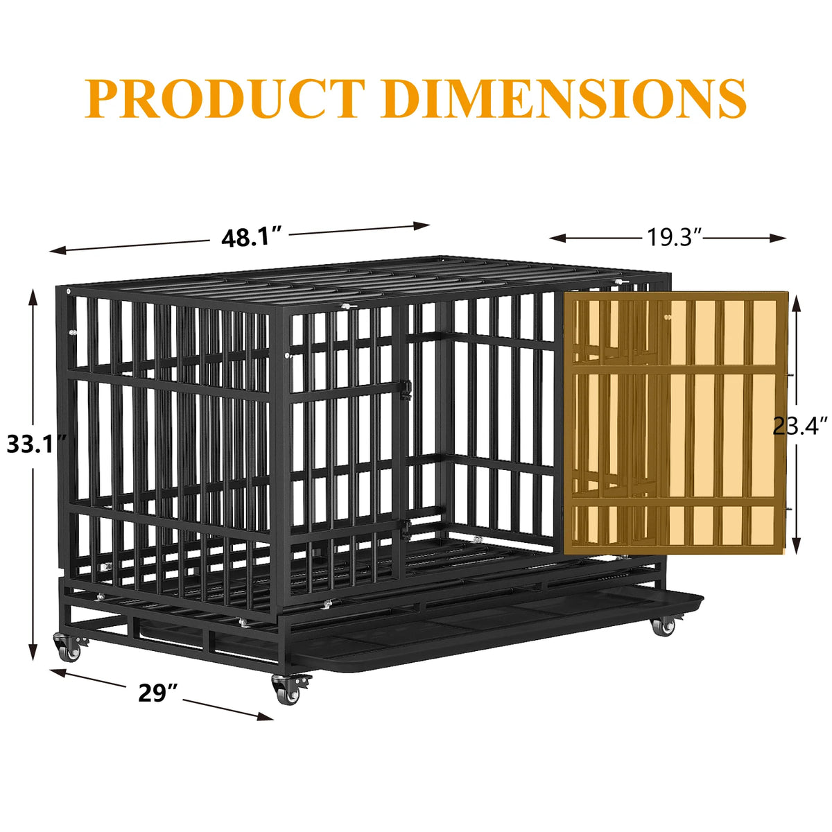 48" Heavy Duty Dog Crate, Escape-Proof Steel Cage for High Anxiety Dogs with Double Doors, Lockable Wheels & Removable Tray, Indoor Outdoor