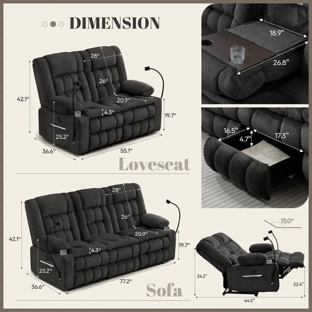 Recliner Sofa, 3 Seater Reclining Couch with FoldDown Console and Hidden Storage, Double Padded Recliner Sofa for Living Room,