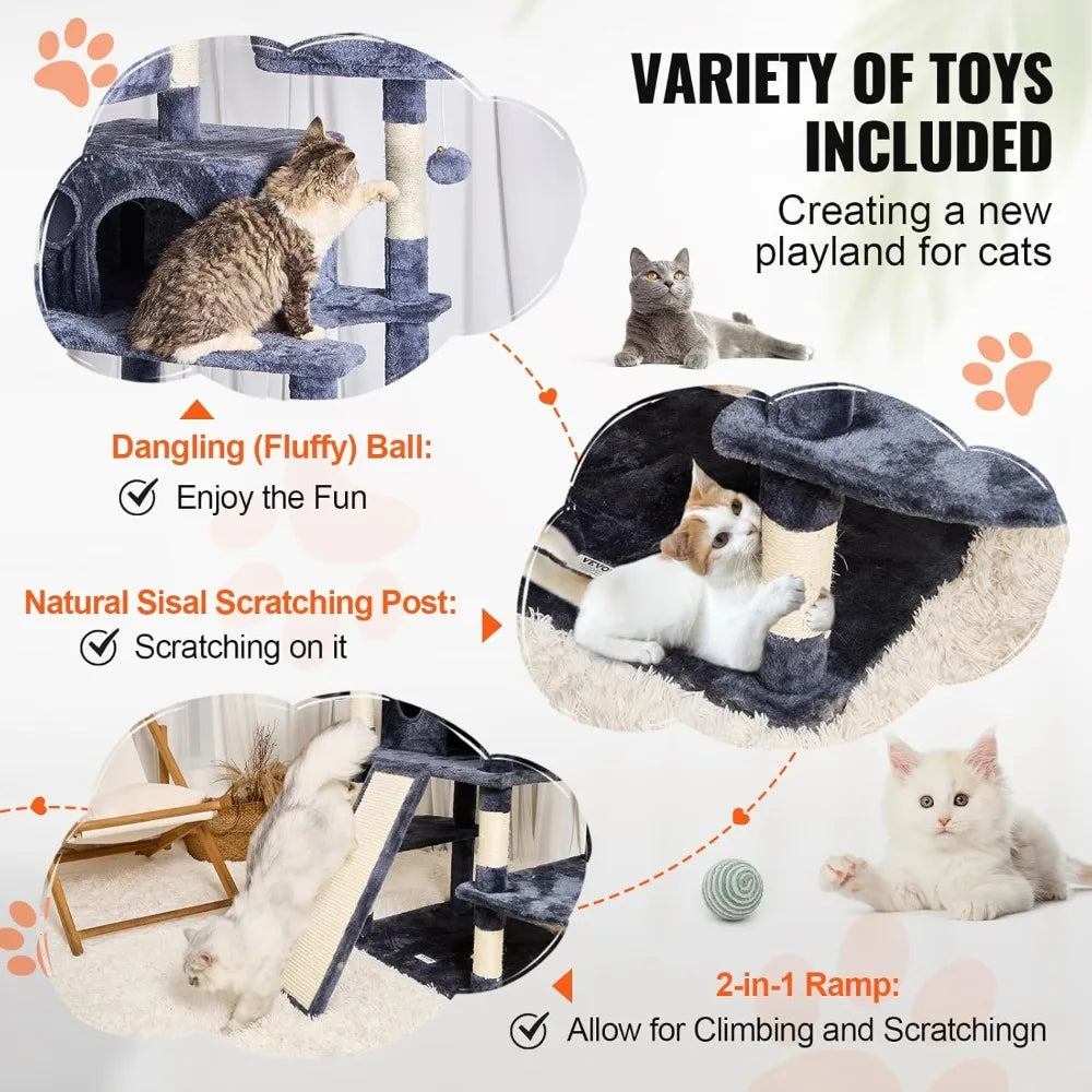 Indoor Cat Tree With Double Condos, Hammocks, And Scratching Posts