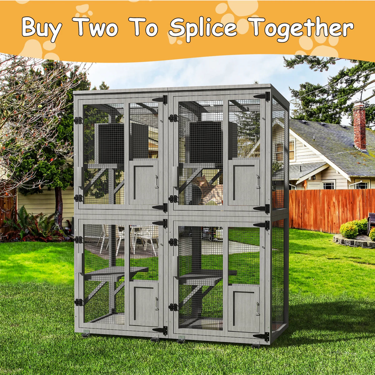 4-Tier Outdoor Cat Catio Enclosure, Large Cat Playpen with Wheels,Waterproof Roof,4 Doors & Resting Box,Grey/Black