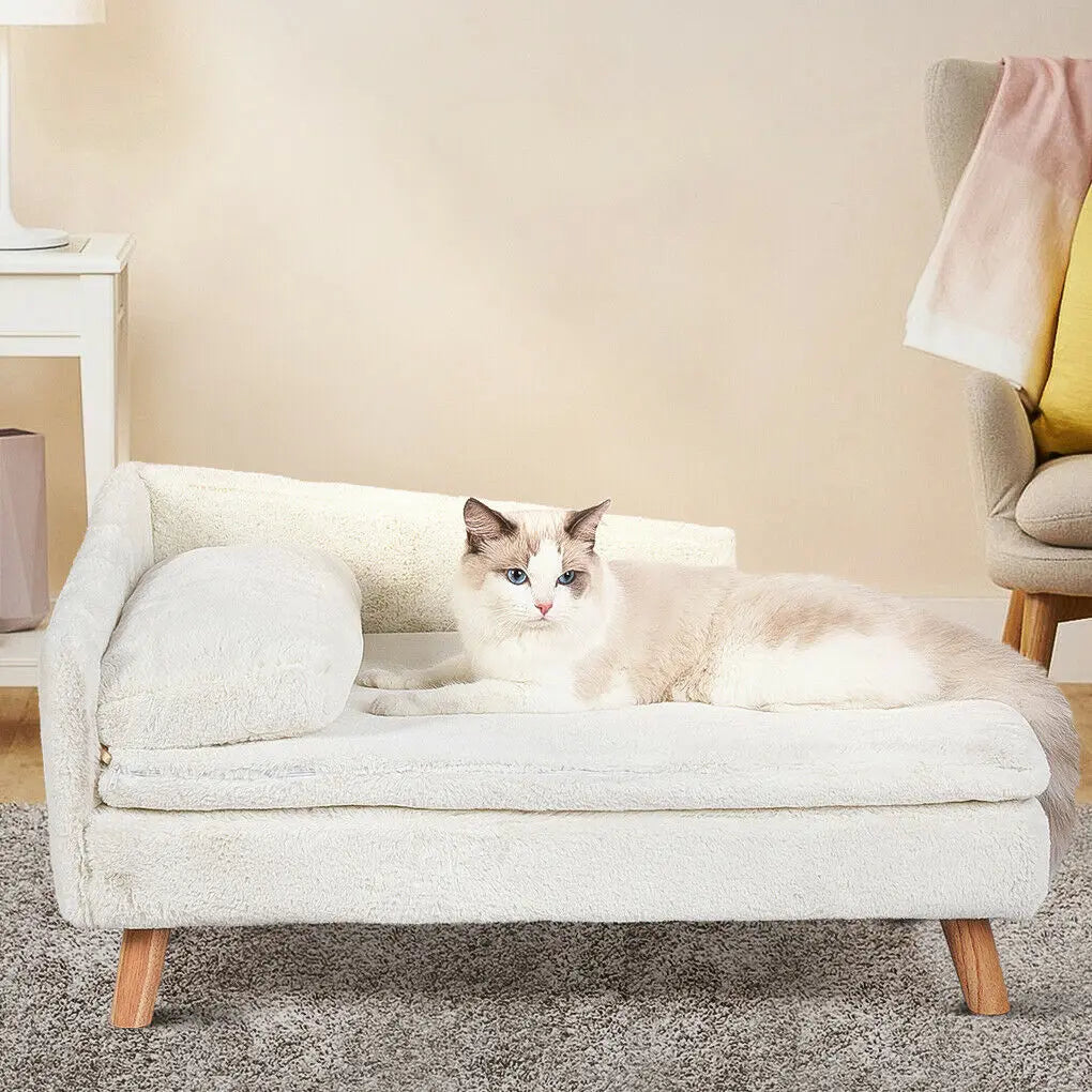 L Shape Plush Pet Bed Sofa Elevated Couch With Solid Wood Legs For Cats And Dogs