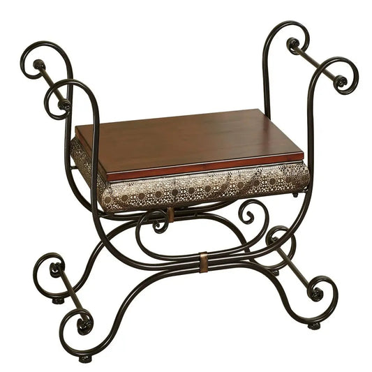 of Class Charleston Ornate Openwork Vanity Bench Stool Bronze Lace Scrolls with Arms Metal with Naturally Cherry Wood Seat Eleg