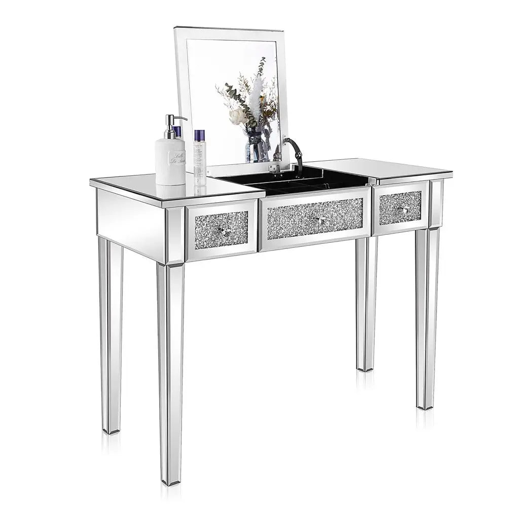 Mirrored Vanity Table, Silver Vanity Desk with FlipUp Mirror, 3 Drawers, Glass Crushed Diamond, Bling Mirror Vanity Desk for Wo
