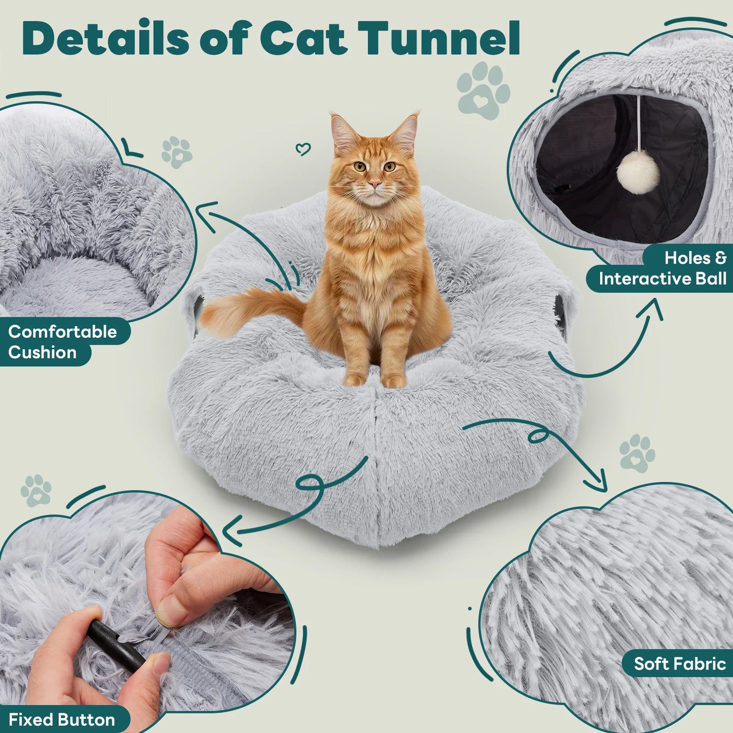 JHK Plush Cat Tunnel Bed With Washable Indoor Playground
