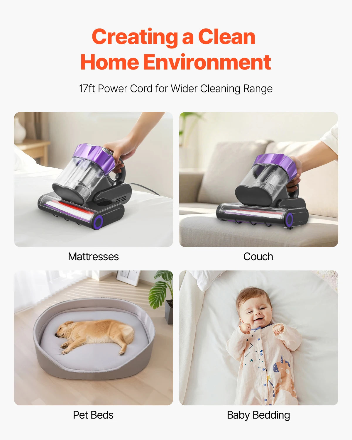 Mattress Vacuum Cleaner 18KPa Suction Dual Dust Bin HEPA Filter