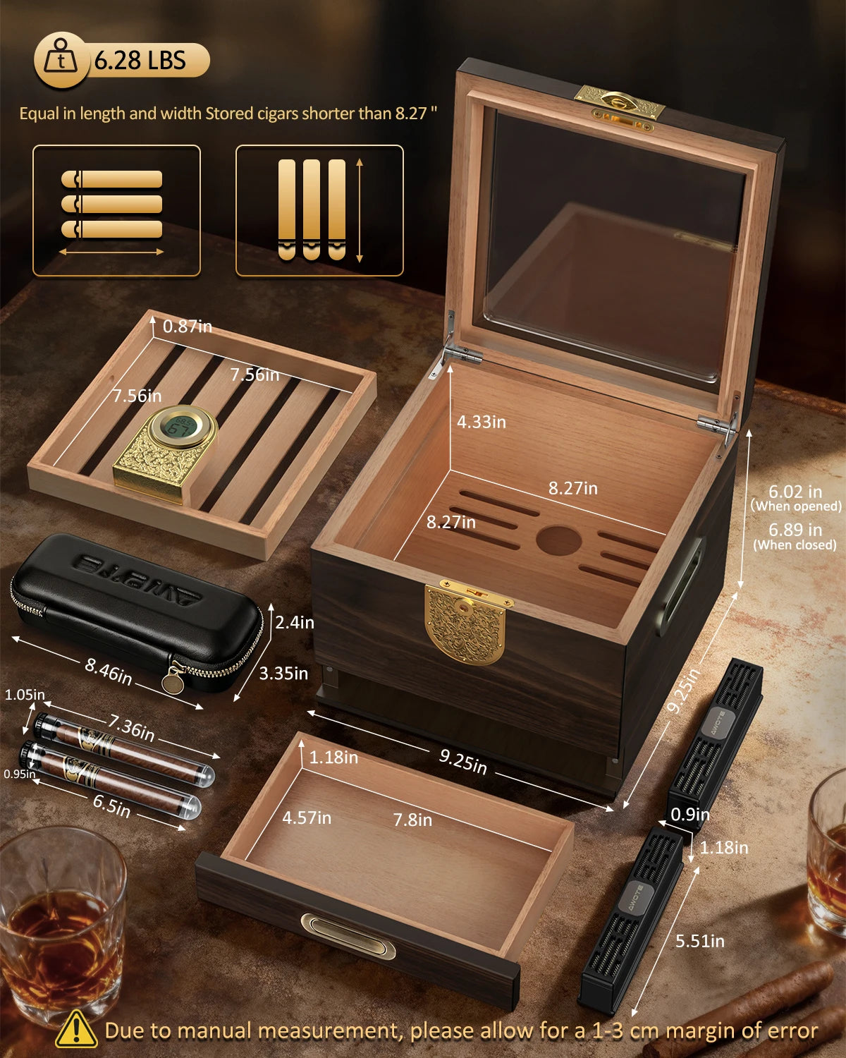 Premium Cedar Wood Cigar Humidor Gift Set With Hygrometer