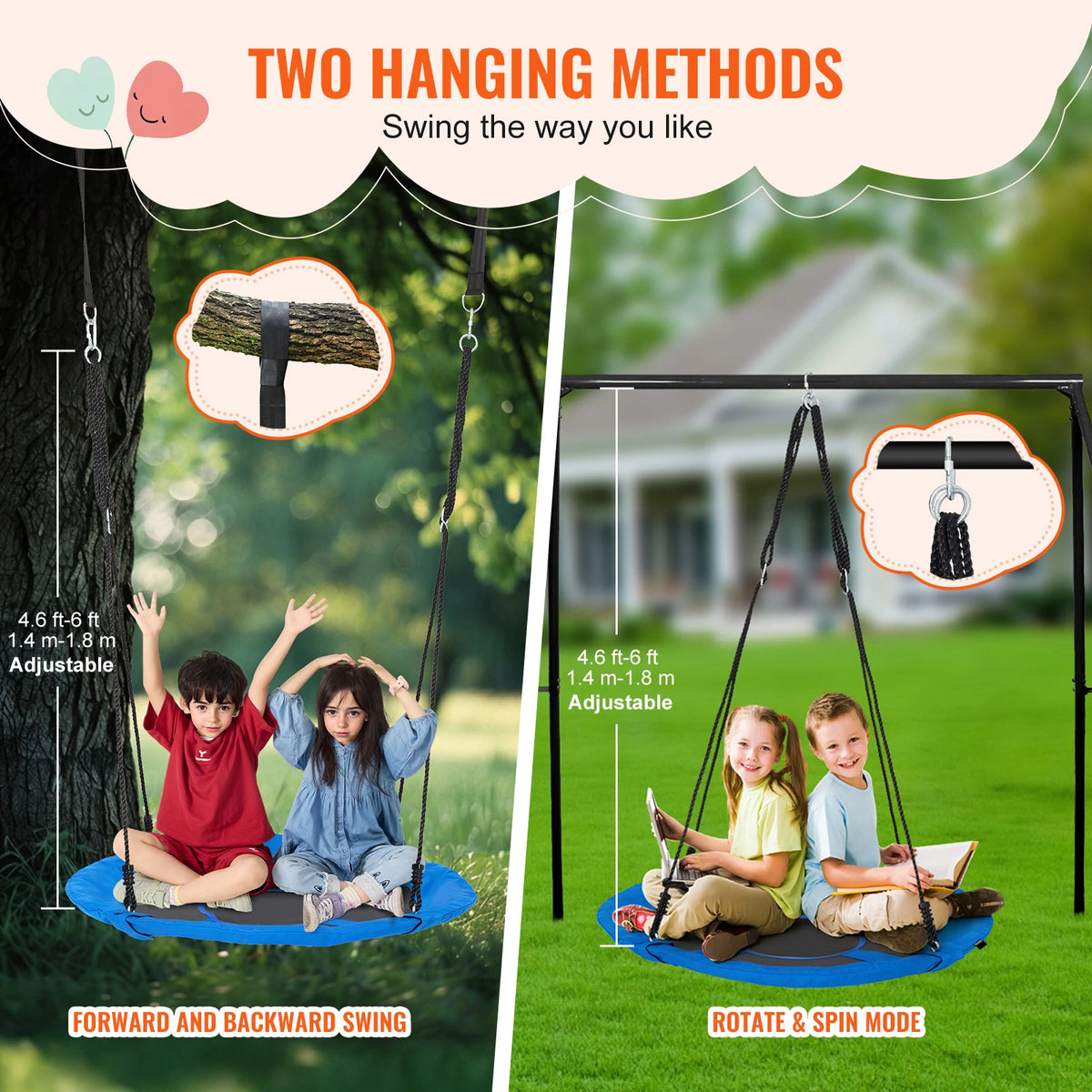 SucceBuy Tree Swing, 40In Saucer Swing 750lbs Capacity 900D Oxford Fabric Swing Seat with 2 Hanging Straps for Kids Outdoor Blue