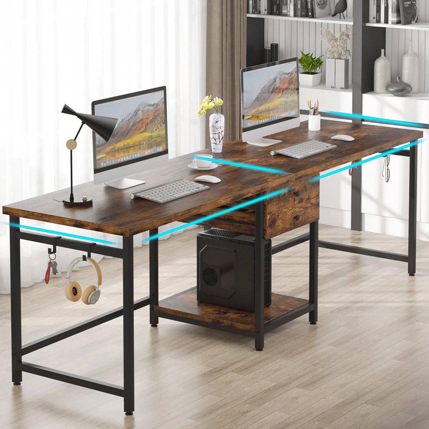 Tribesigns 78.74’’ Two Person Desk with 2 Drawers, Long Double Computer Desk Gaming Table with Shelves