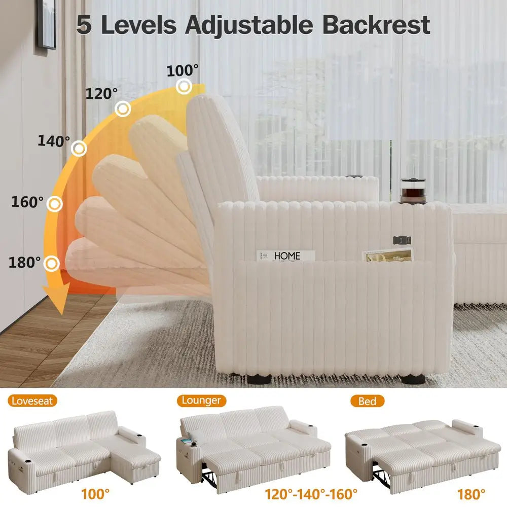 101 Plush Corduroy L Shaped Sectional Sleeper Sofa Bed with Pull Out Bed, Reclining Backrest, Reversible Storage Chaise, USB Po