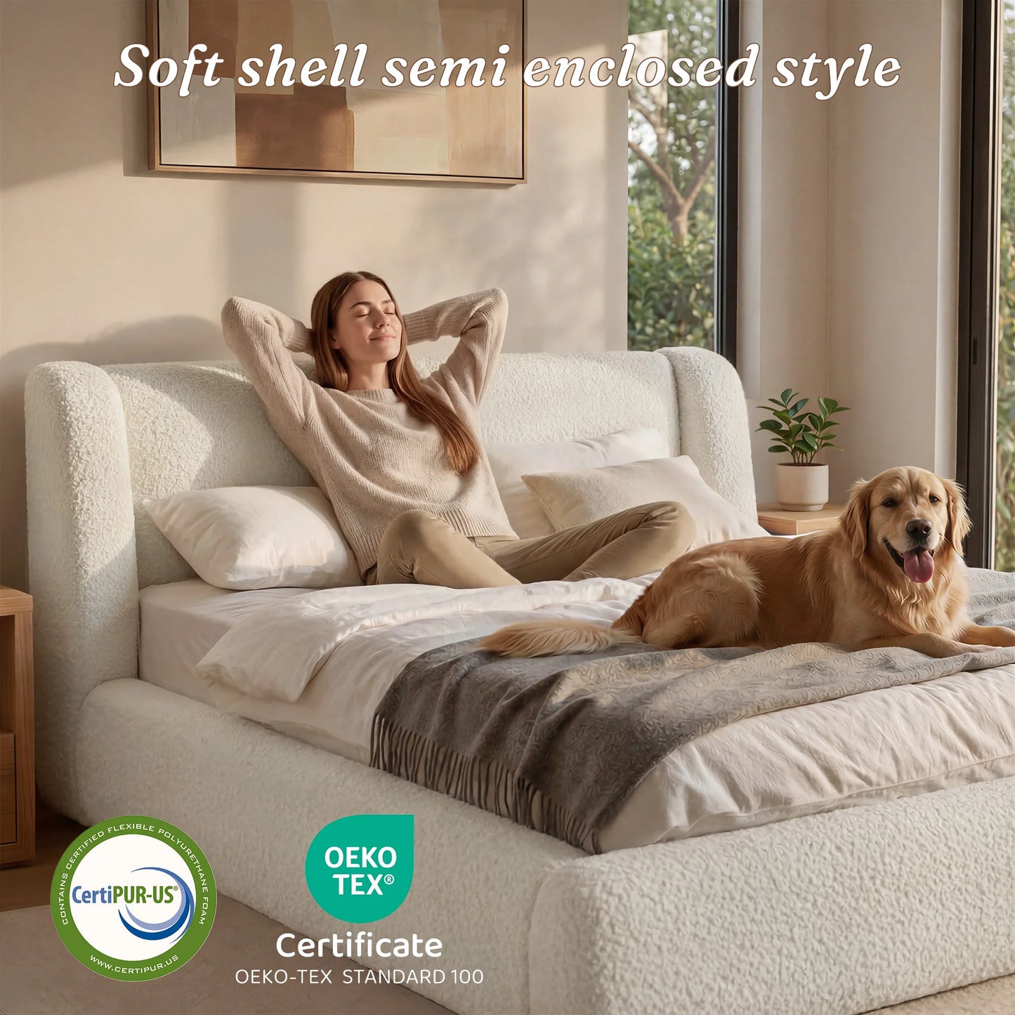 EnHomee Cloud Bed Frame With Soft Upholstered Wingback Headboard