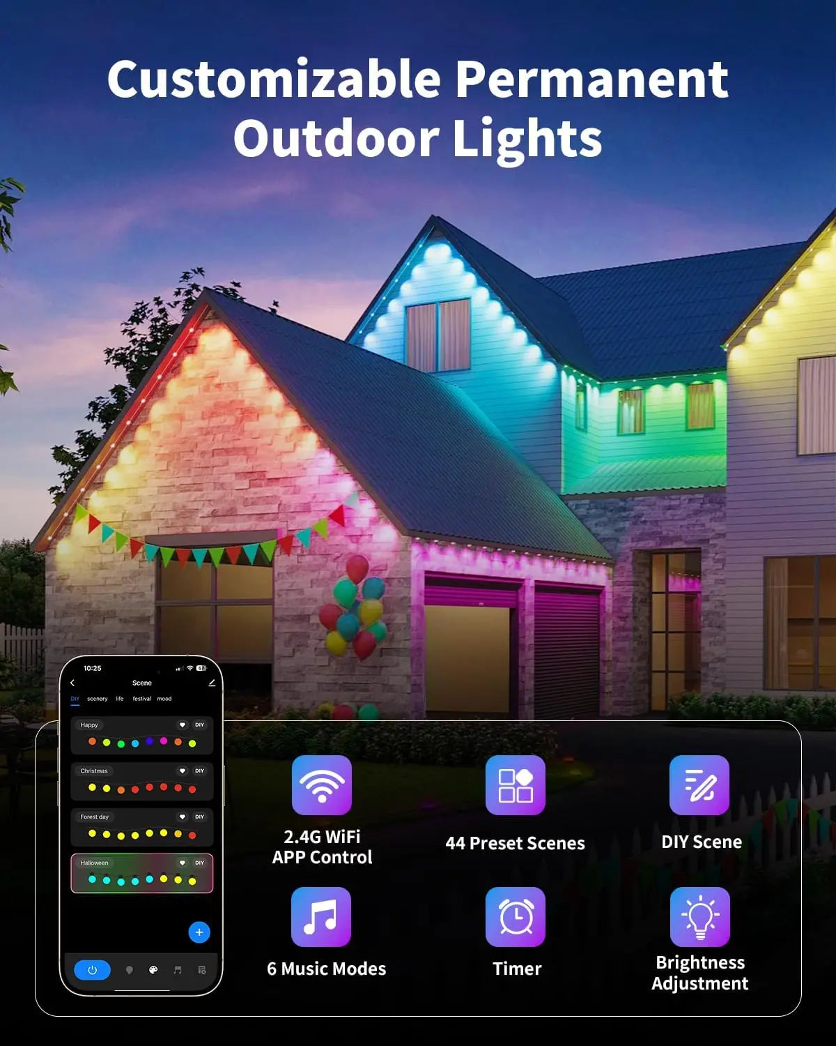 Permanent Outdoor Lights Pro LEDs Beam Angle Smart Decor DIY Scene Modes IP65 Waterproof Voice Control Christmas House Lighting