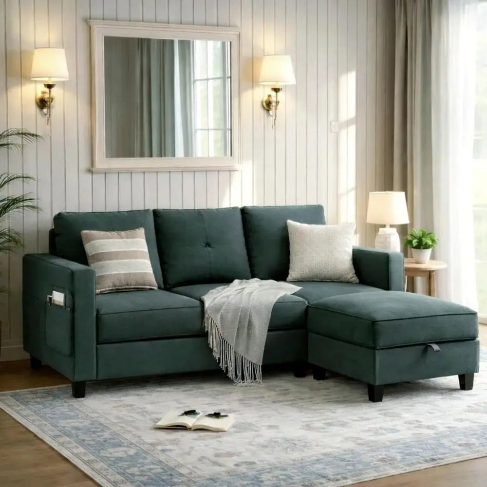 Convertible LShaped Sectional Sofa with Reversible Storage Ottoman, 3Seat Modern Fabric Couch for Living Room, Small Space Apar