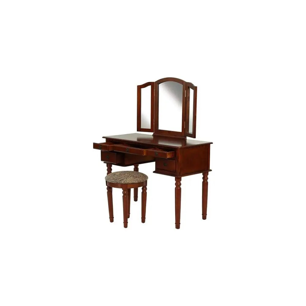 Antique Accents Furniture Wood Vanity Set with Mirror and Stool in Cherry Color