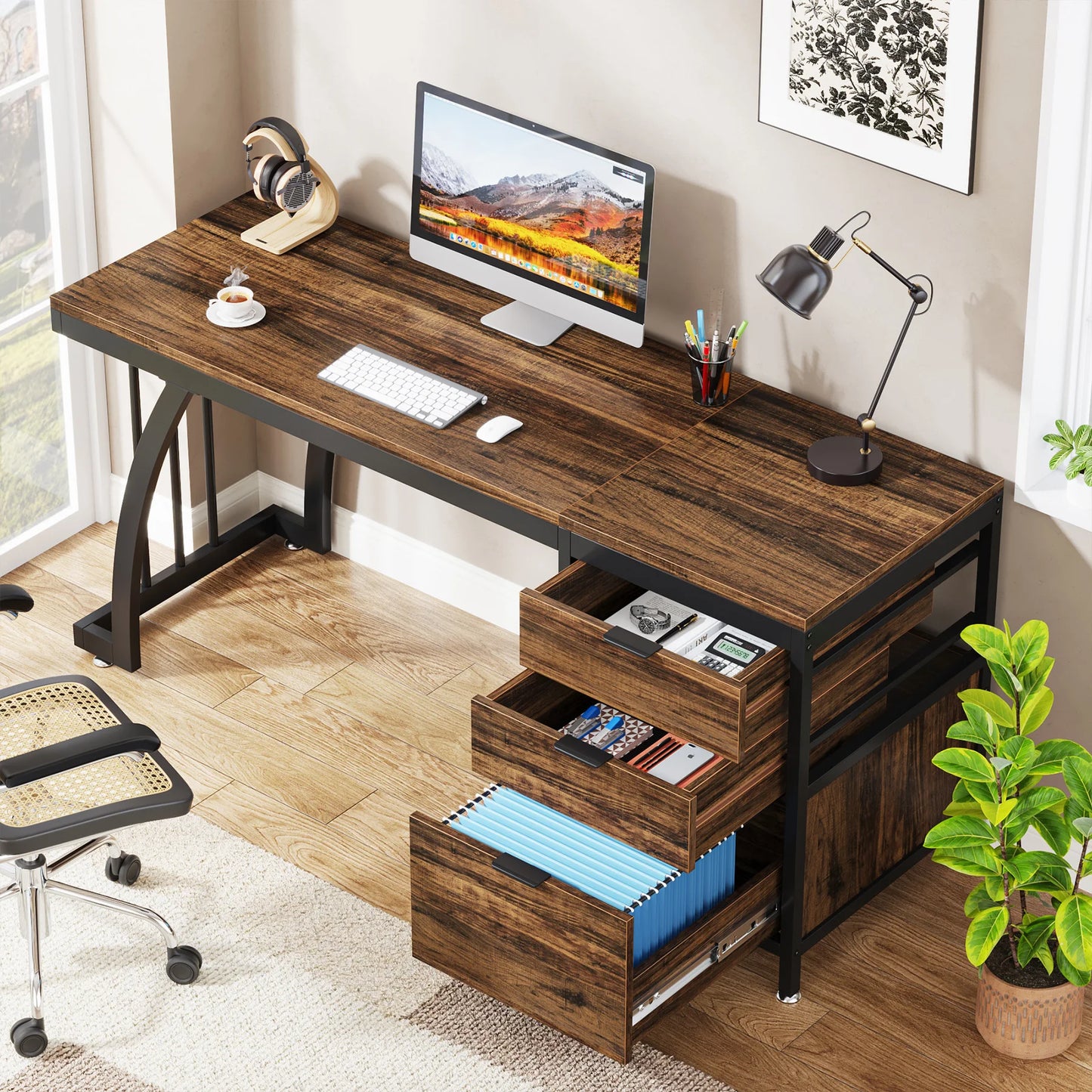 Tribesigns Computer Desk With Three Drawers Reversible Layout