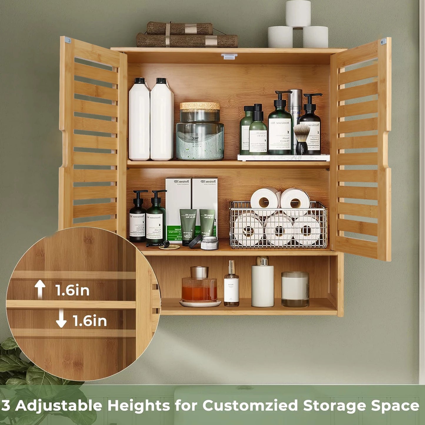 Wisfor Wall Mounted Bamboo Bathroom Cabinet Medicine Storage Shelf