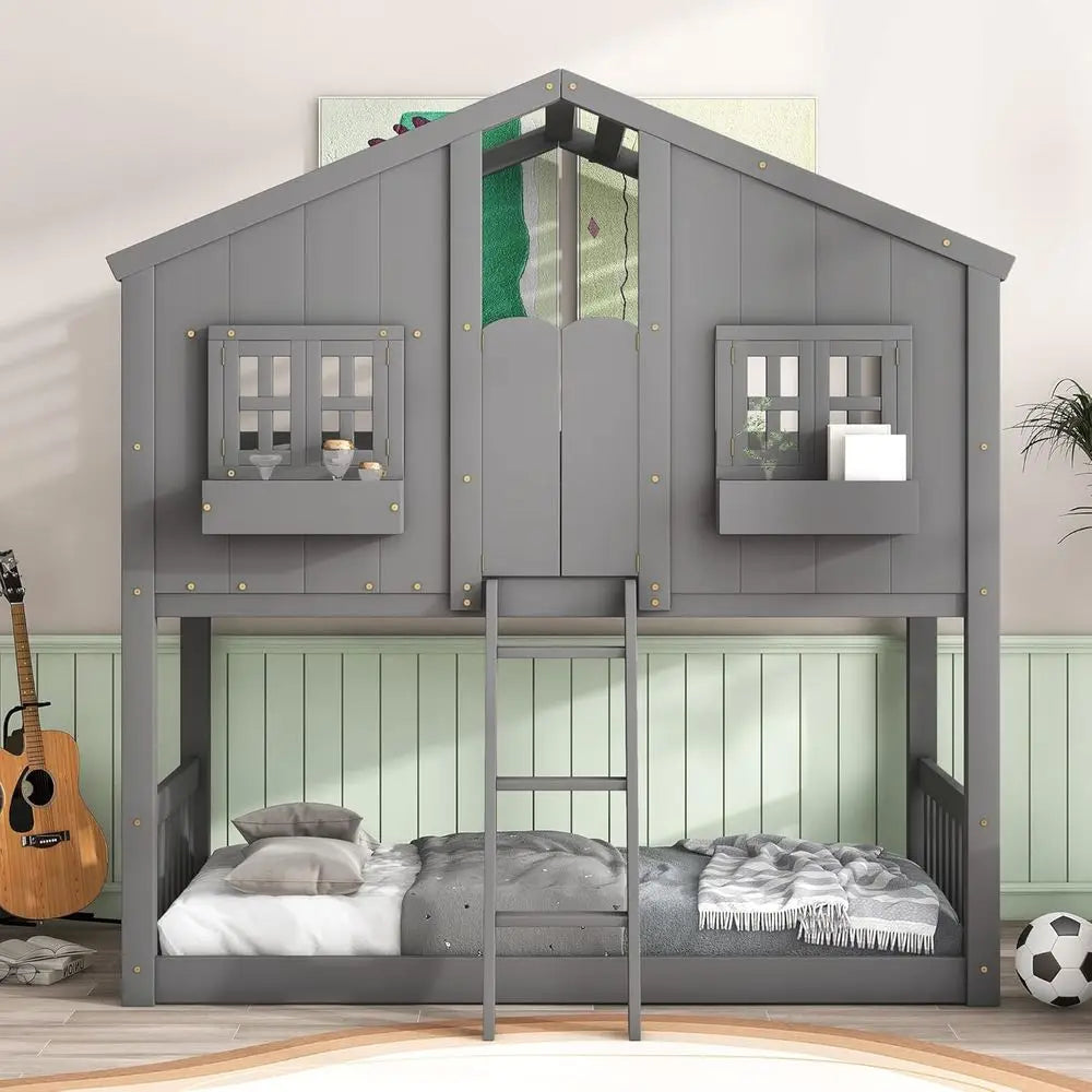 Twin Over Twin Bunk Bed with Playhouse, Ladder, Guardrails, Grey