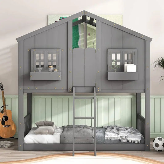Twin Over Twin Bunk Bed with Playhouse, Ladder, Guardrails, Grey