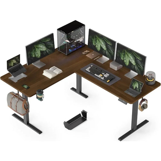 63X55 Inches Reversible L Shaped Standing Desk Height Adjustable with Cup Holder, Electric Corner Computer Desk, Sit Stand up
