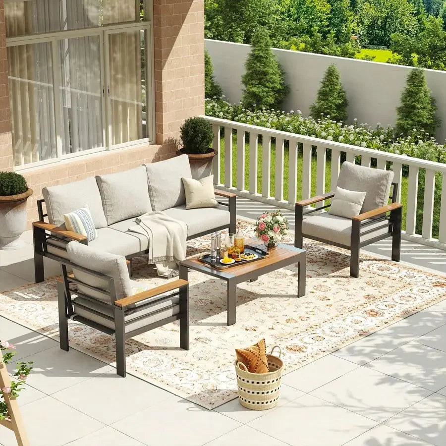 Aluminum Patio Furniture Set 5 Seats, Oversized Outdoor Sectional with Washable Thick Cushions, Coffee Table, Patio Conversatio