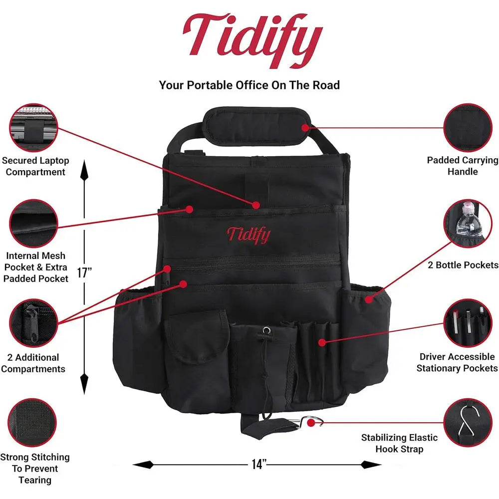Car Front Seat Organizer with Dedicated Tablet and Laptop Storage, Stabilizing Side Straps, Adjustable Shoulder Strap, and Harde