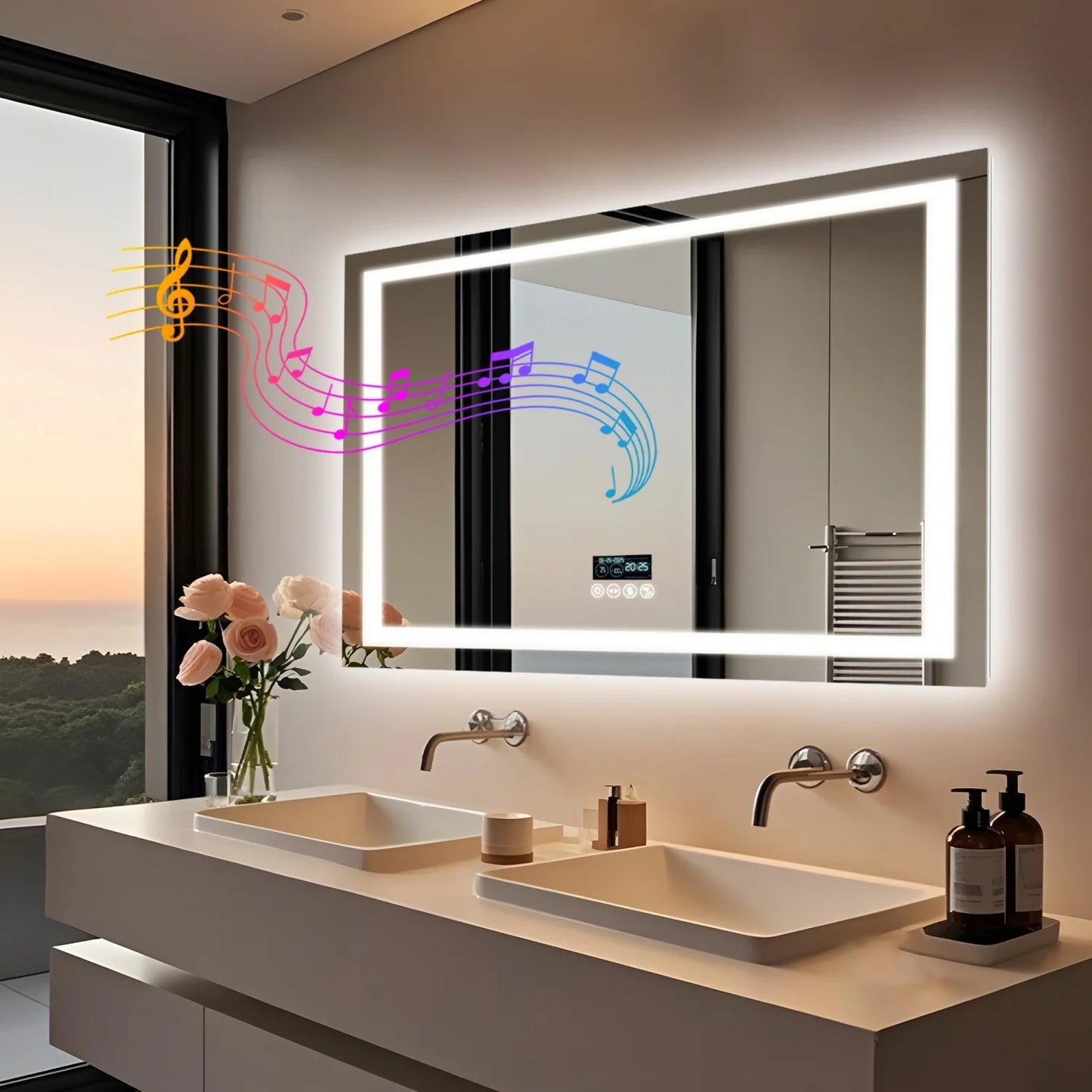 Bluetooth LED Bathroom Mirror With Dual Speakers Antifog Backlight Dimmable