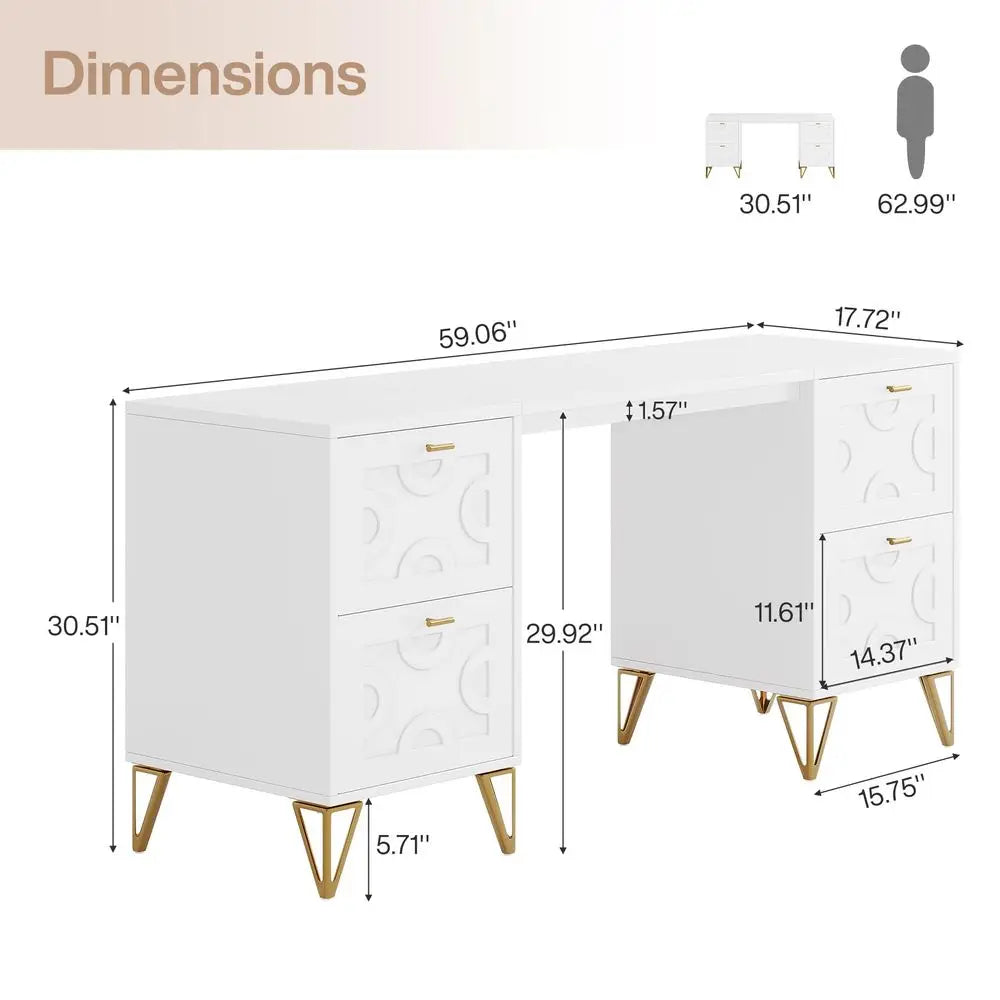 59Inch Makeup Vanity Desk with 4 Drawers, White Dressing Table with Storage, Modern Beauty Table Simple Home Office Computer De