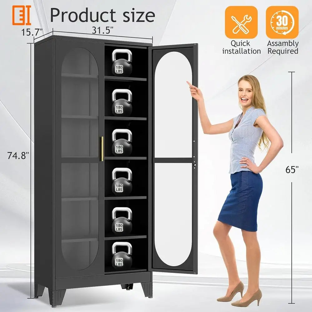 75 Tall Glass Door Metal Display Cabinet with 5 Adjustable Shelves for Living Room, Wine, Clinic, Home - Assembly Required