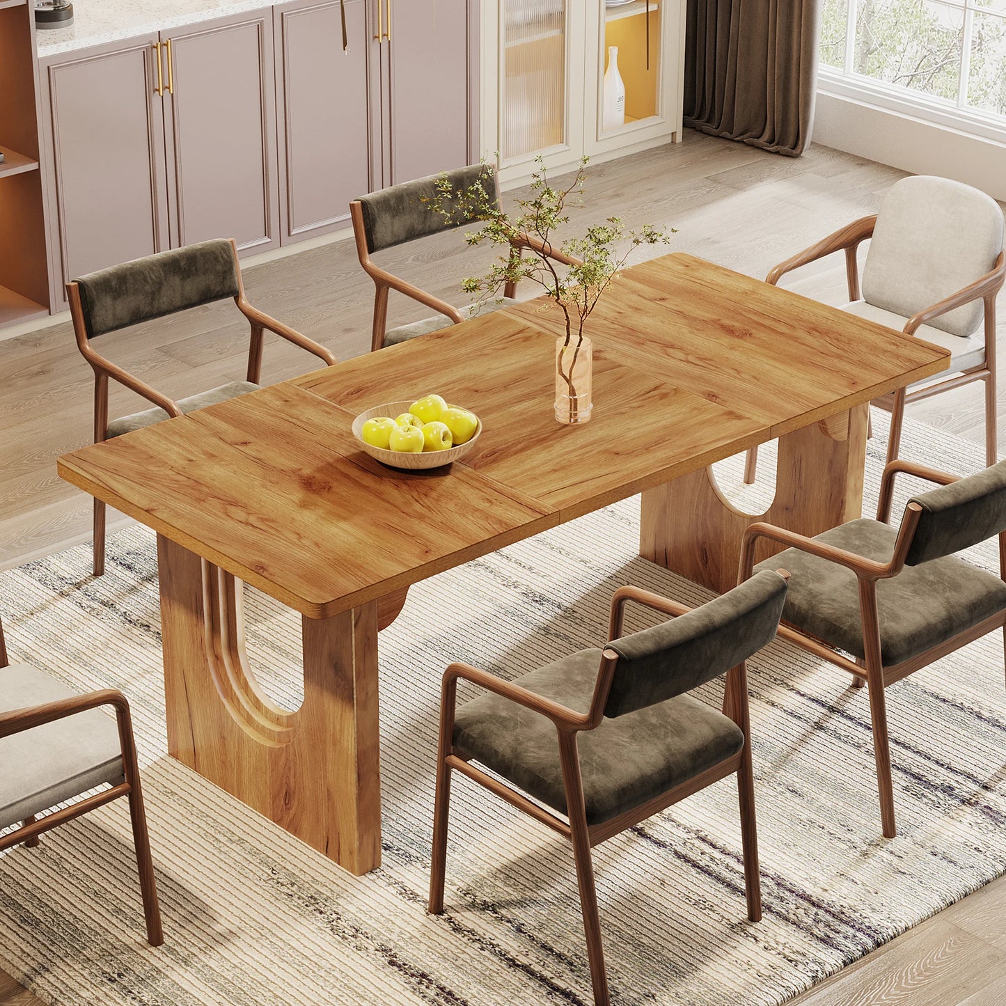 LITTLE TREE Modern Dining Table for 6 to 8 People, 71" Large Kitchen Dining Table with Wood Pedestal Base
