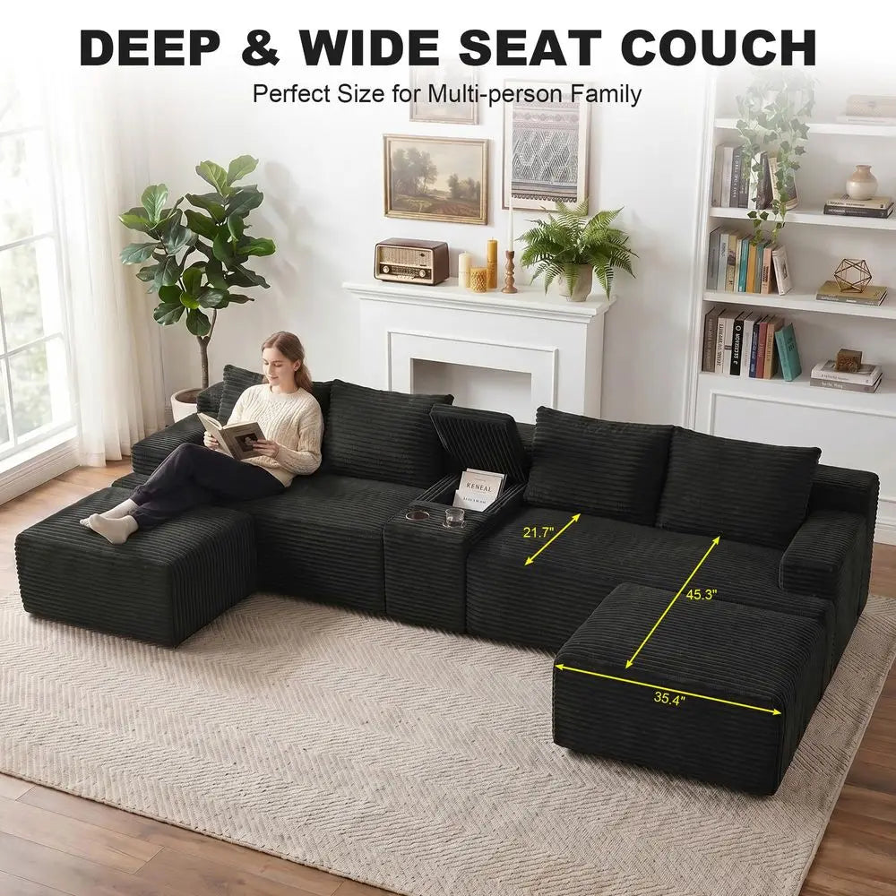 140.6 Boneless Sectional Sofa Couches for Living Room, Oversized U Shaped Cloud Modular Set w Center Console, Cup Holders, Side