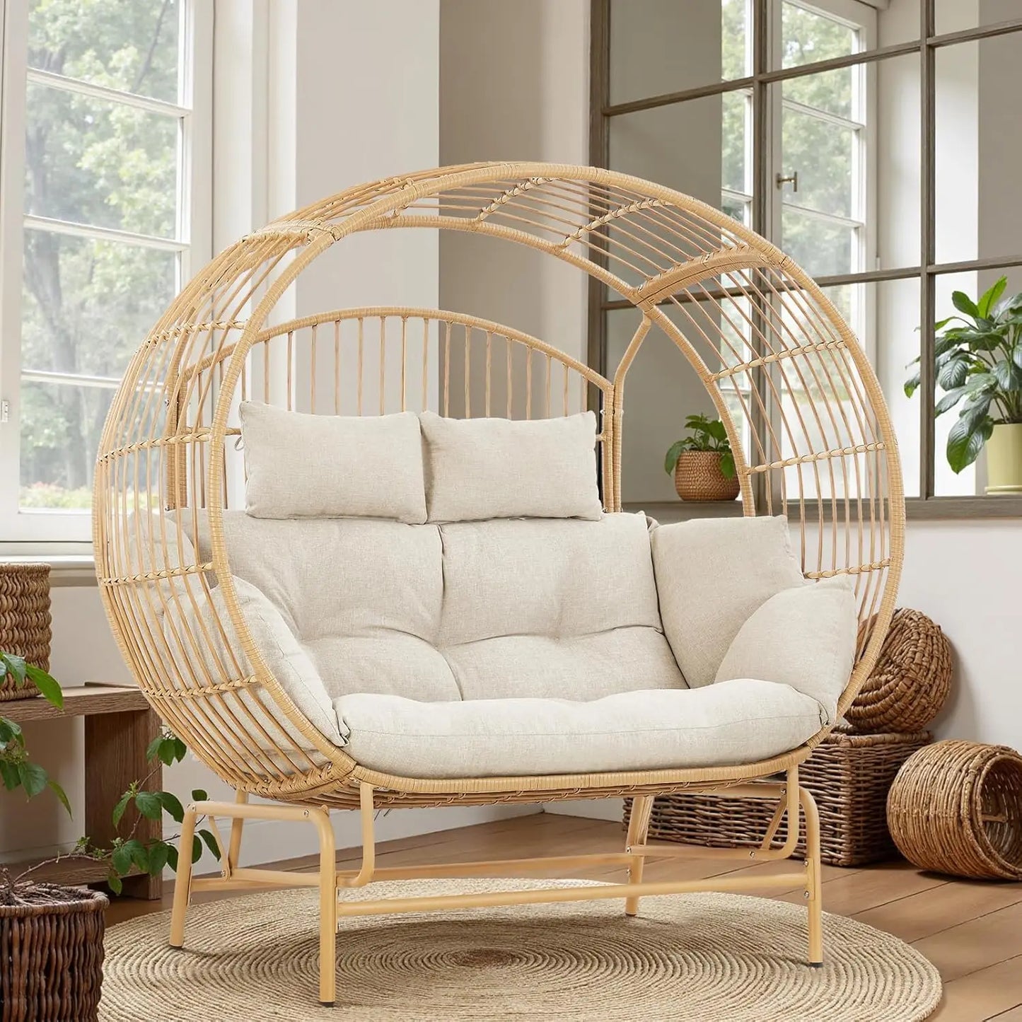 Metal Frame Egg Wicker Loveseat With Cushion Outdoor Rocking Chair