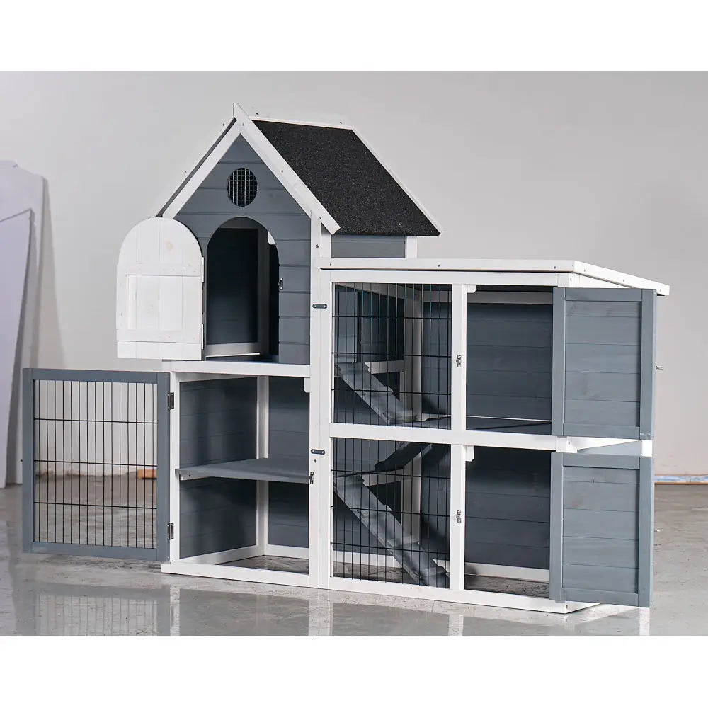 Large Outdoor Chicken Coop Cage, Weatherproof 2-Story Chicken Coop & Rabbit Hutch, Wooden Indoor/Outdoor Pet House No-Leak Tray