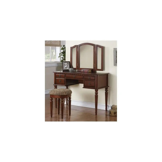 Antique Accents Furniture Wood Vanity Set with Mirror and Stool in Cherry Color