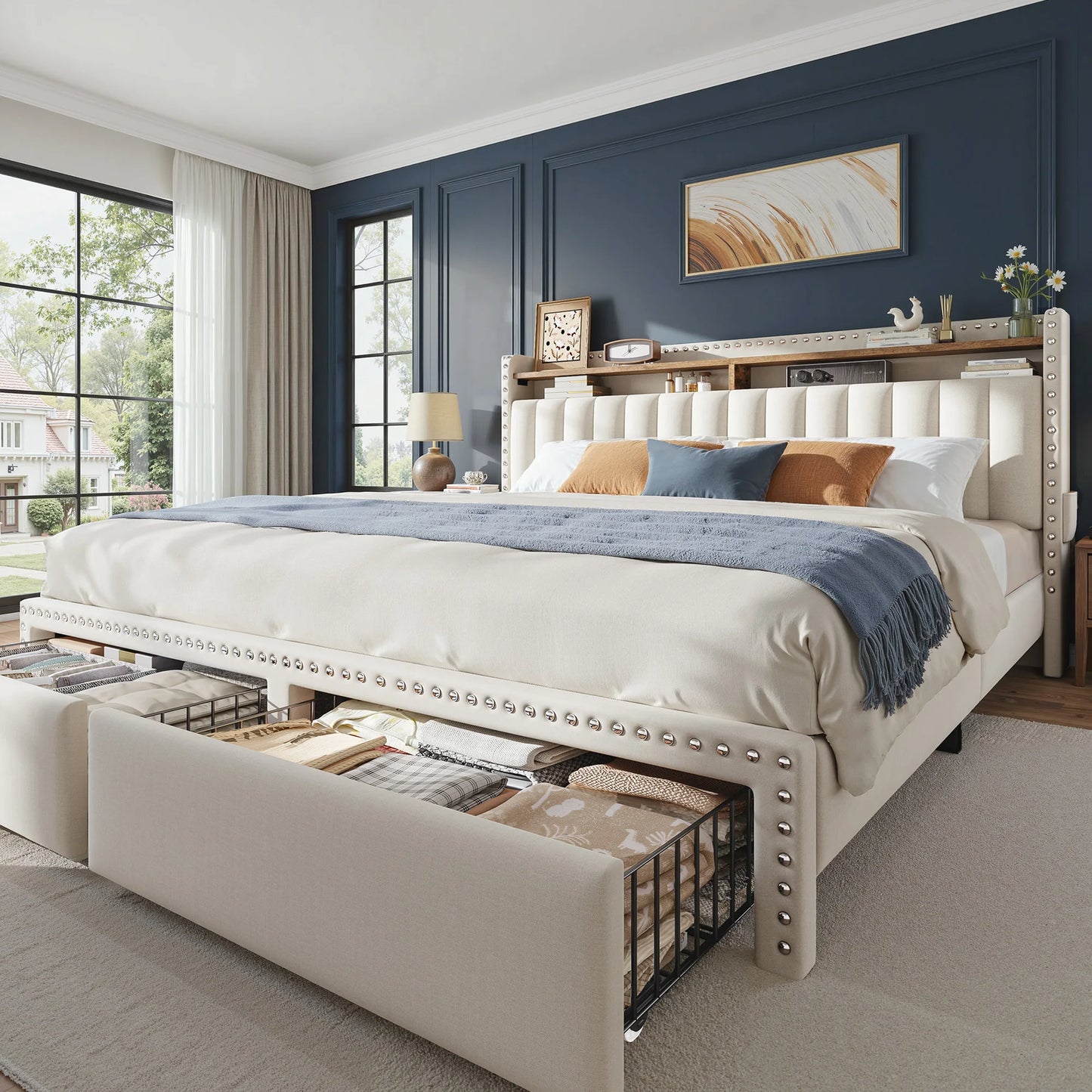 Upholstered Platform Bed Frame With Storage Headboard And Drawers