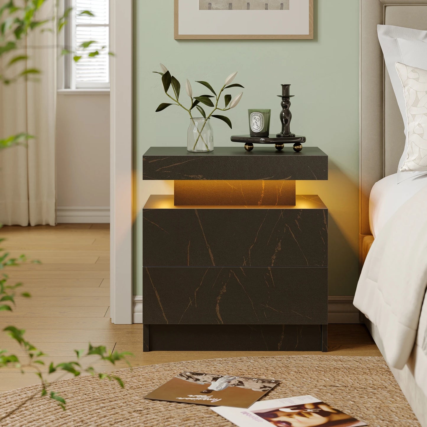 Cubehom White LED Nightstand With 2 Drawers And RGB Lights