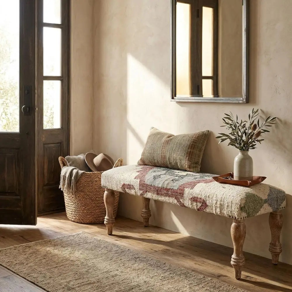 Home OffWhite Multicolor Handmade Upholstered Bench for Bedroom End of Bed Modern Accent Bench for Living Room, or Entryway Sea
