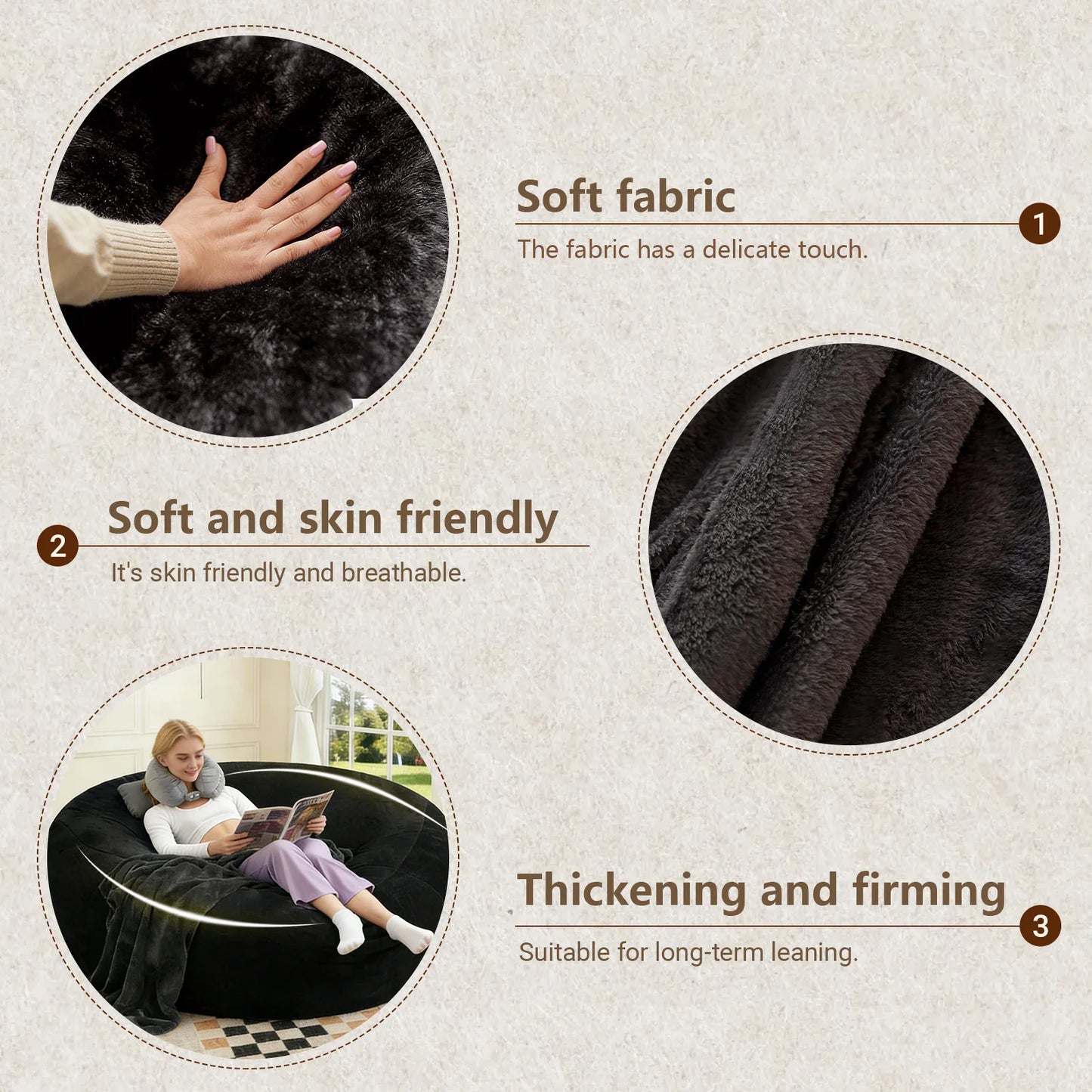 100CM×100CM×60CM, adult beanbag chair with padded beanbag inside, memory foam chair, soft flannel washable cover, ideal reading seat for bedrooms and dorms.