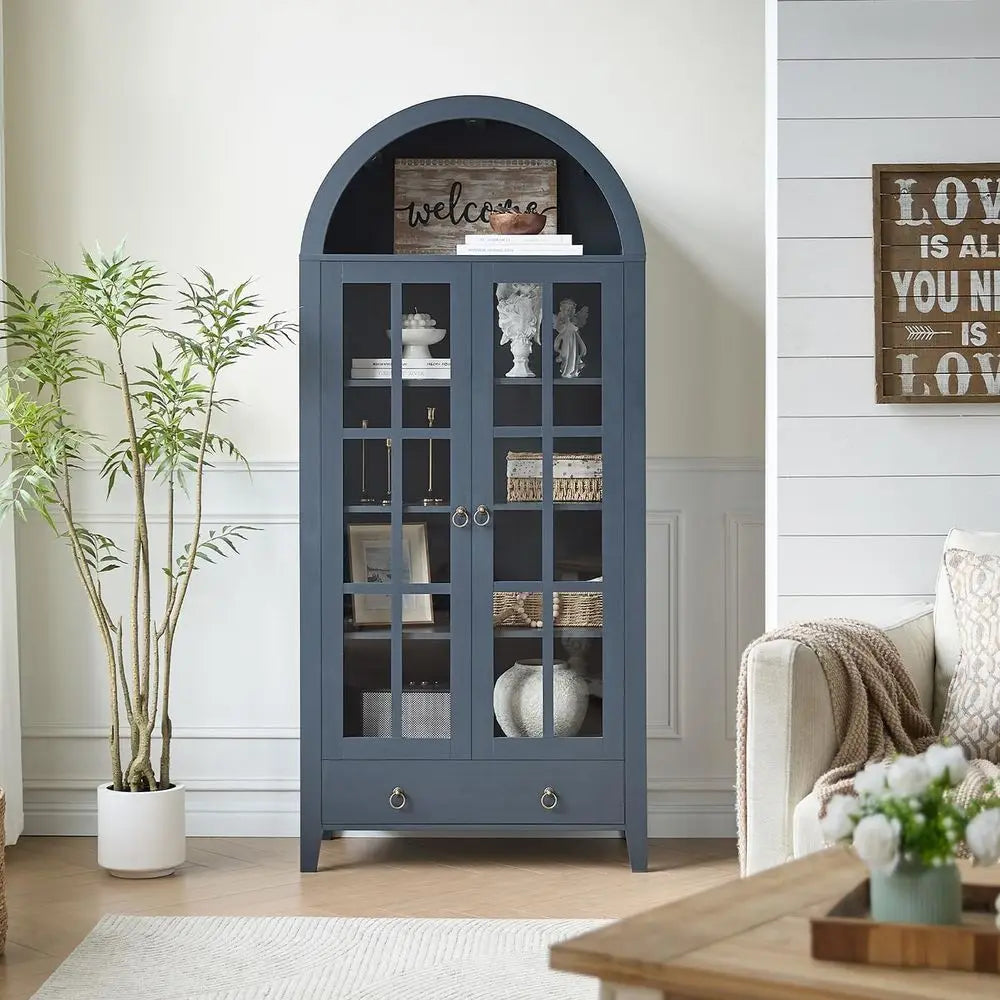 Bamboo Arched Display Cabinet With Glass Doors And Adjustable Shelves