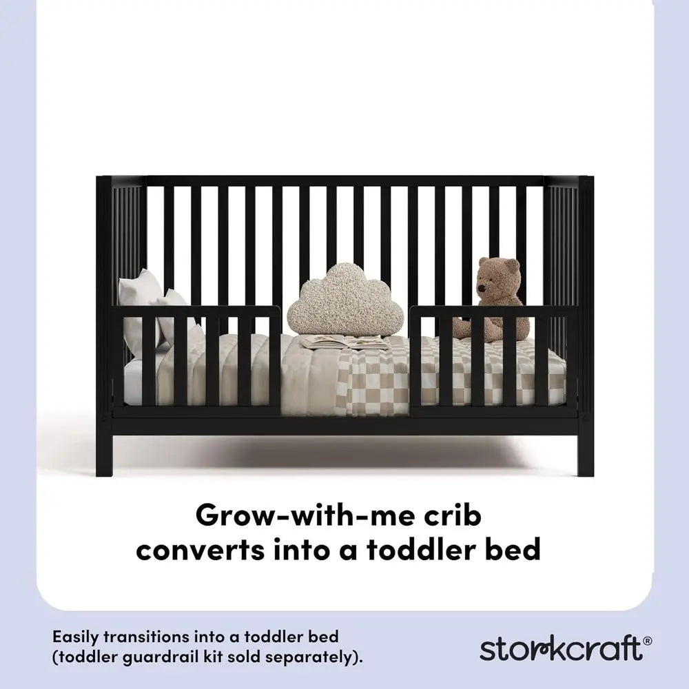 5-in-1 Black Convertible Crib with GREENGUARD Gold Certification, Stand Crib Mattress, Converts to Toddler Bed, Daybed, Full Bed