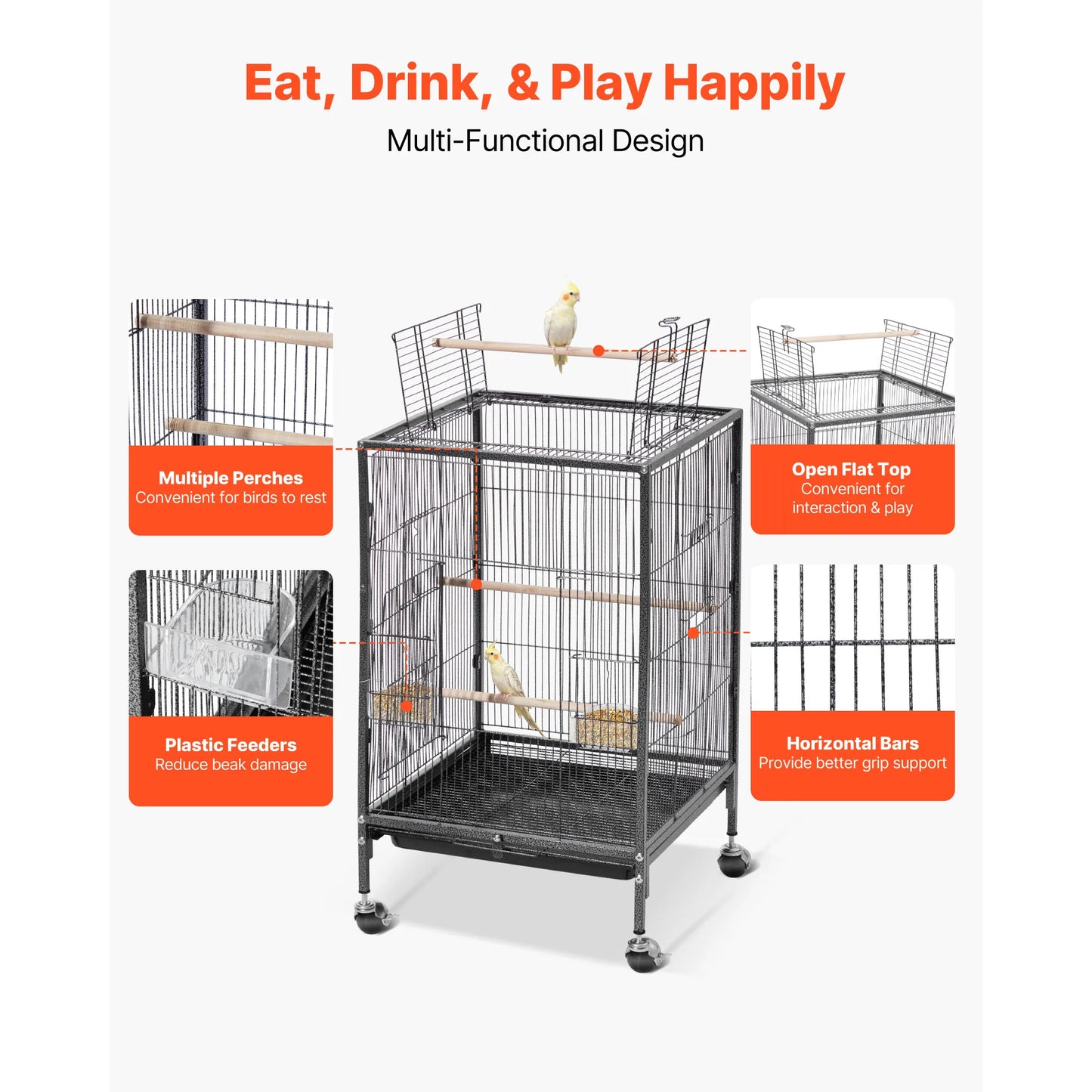 SucceBuy Bird Cage Open Flat Top Wrought Iron with Perches Slide-Out Tray and Plastic Feeders Casters for Diverse Bird Species