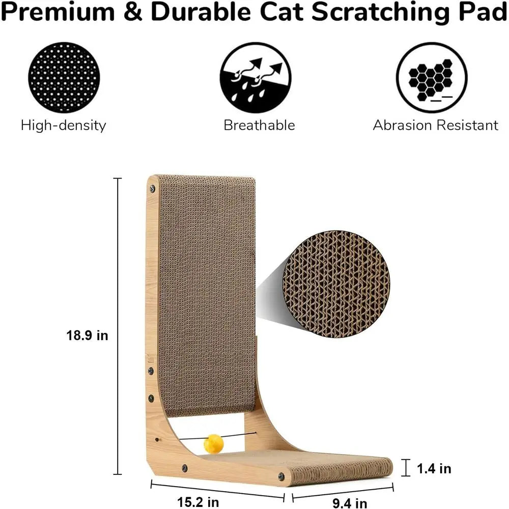 18.9 Inch L Shape Cat Scratch Pad, Veal Cat Scratcher Wall Mounted, Cat Scratching Cardboard with Ball Toy for Indoor Cats