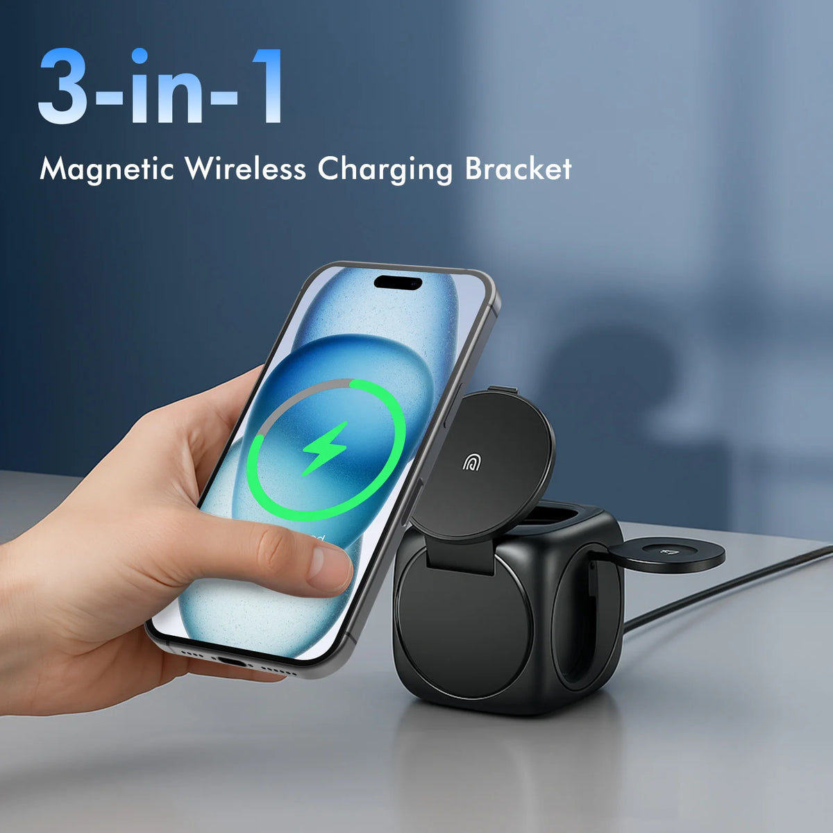 3 in 1 Foldable Magnetic Wireless Charger 15W Fast Charging for iPhone Watch Airpods - Compact Multi-Device Stand