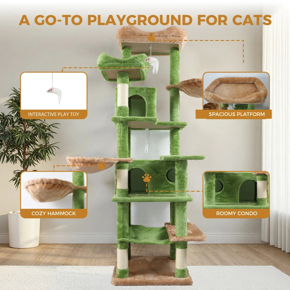 68-Inch Tall Green Multi-Level Cat Tree for Indoor Cats, Particle Board Cat Tower with Hammocks, Hanging Basket, Cat Cave, Removable Cushion, Scratching Posts and Plush Top Perch, Cat Furniture for Climbing and Resting, Green
