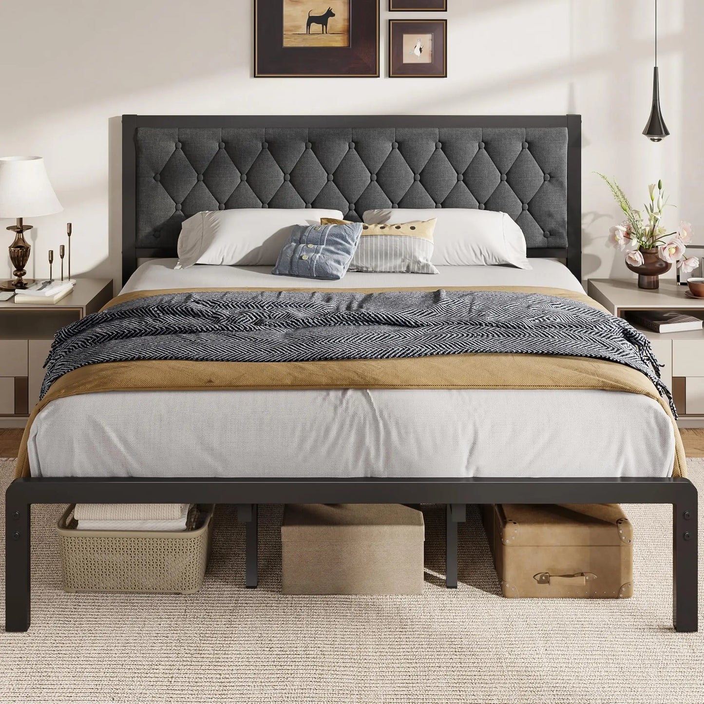 Fluest Linen Upholstered Twin Bed Frame With Headboard And Storage