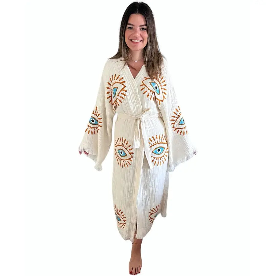 Evil Eye Kimono Beach Cover Up Boho Cotton Robe Festival