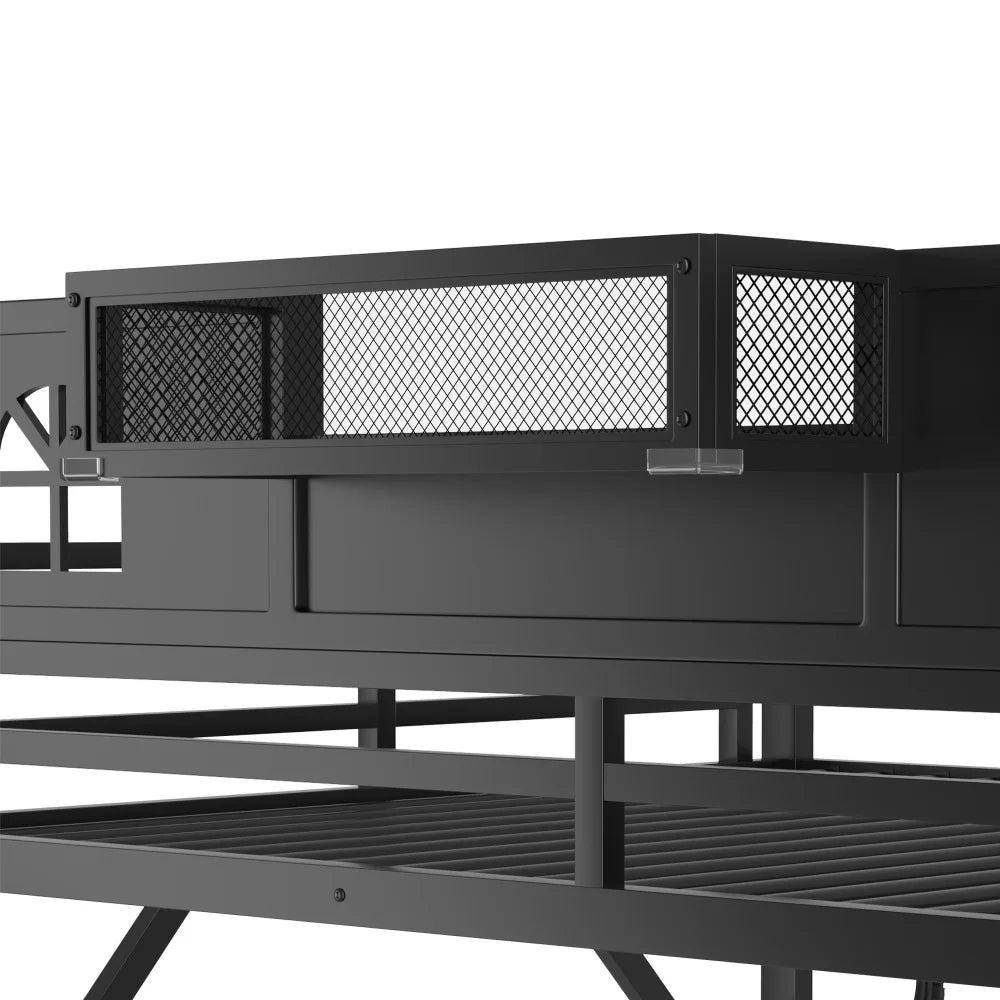 Metal Loft Bed With Stairs, Guardrails And Wardrobe Storage
