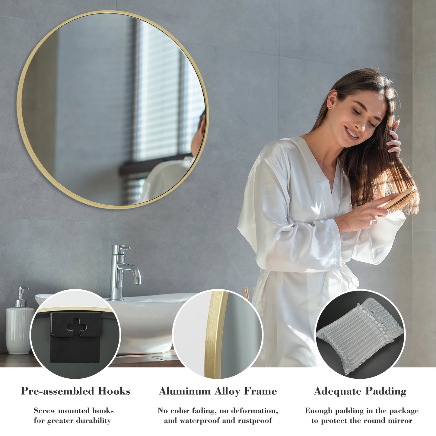JHK Gold Round Vanity Mirror, Framed Wall Mount, Tempered Glass
