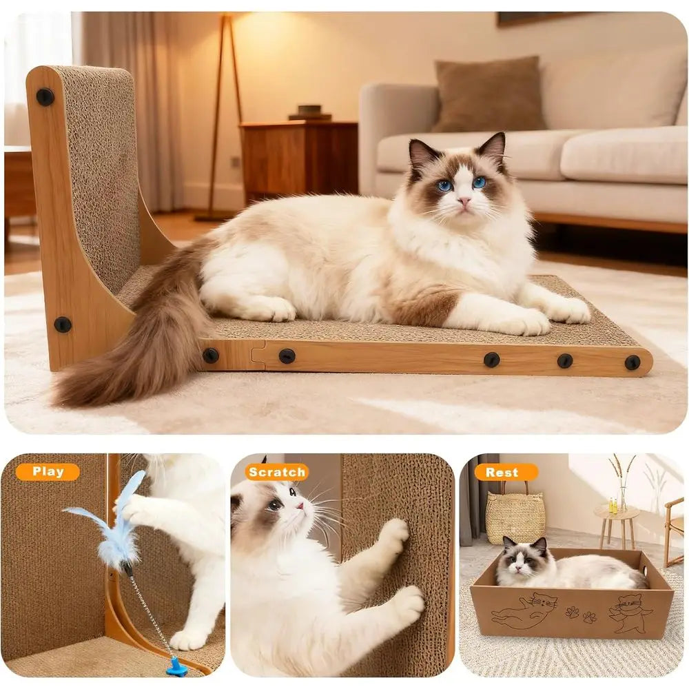 3-in-1 Cat Scratcher for Indoor Cats, 2PK 22in L-Shaped Scratching Board with 1PK Cardboard Box Scratch Pad, Cat Scratch Furnitu