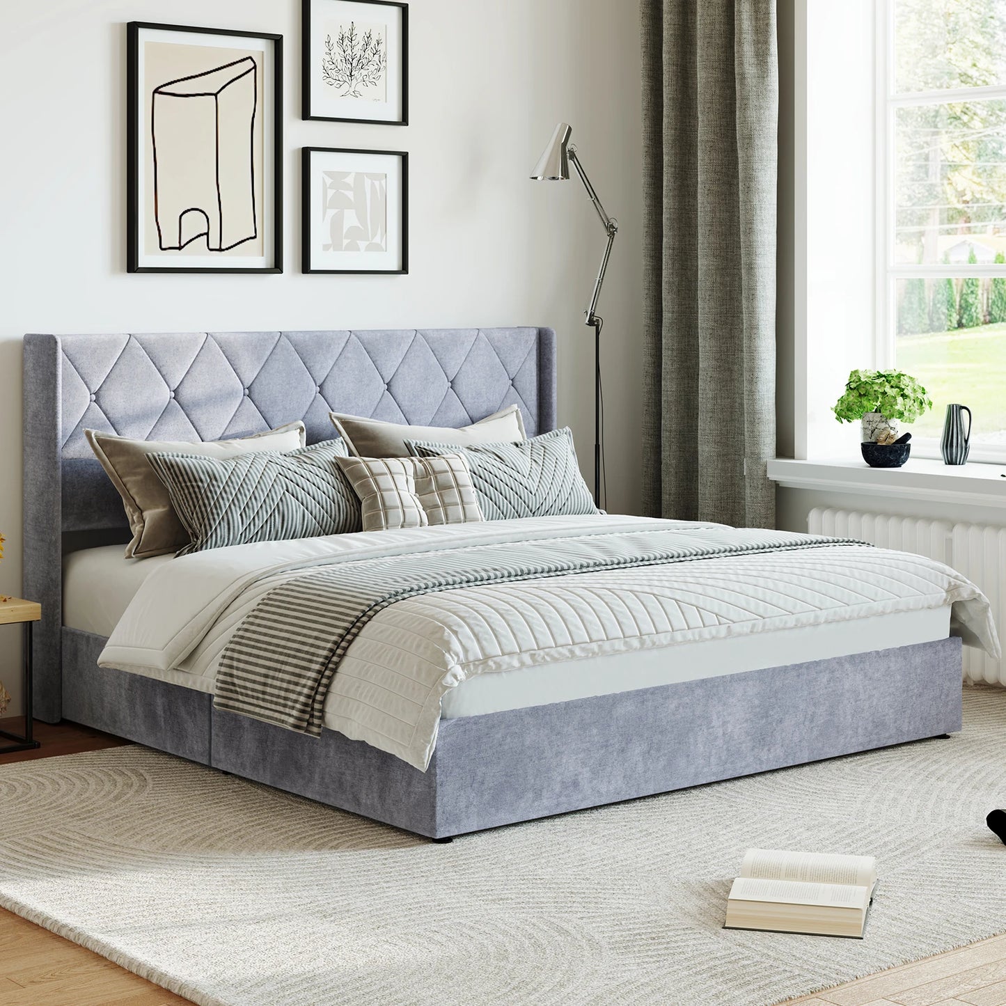 JHK Hydraulic Lift Storage Bed Featuring Wingback Headboard