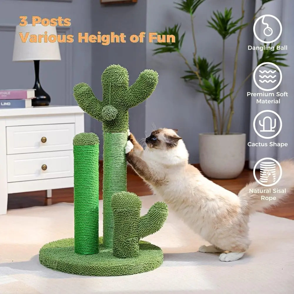 Road Cat Scratching Post Cactus Cat Scratcher with 3 Scratching Poles and Dangling Ball Large 27 Inches